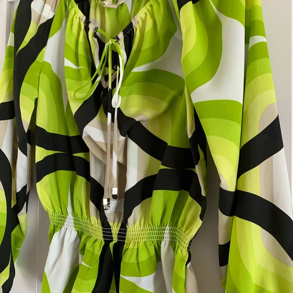 Michael Kors Womens Blouse Medium Green Abstract Print Peasant Boho Long Sleeve